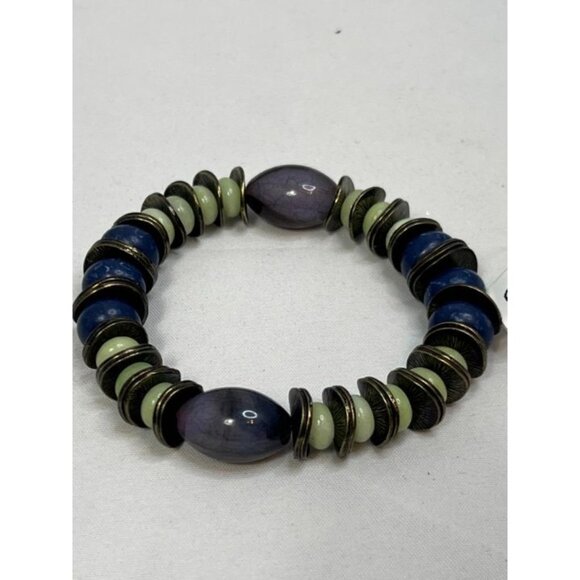 Boho Stretch Bracelet – Ballet Purple, Navy Blue & Sage Green Glass Beads with A - Picture 2 of 7